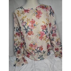 Vtg Loft L Blouse Shimmer Floral Long Sleeve Bell Cuff Boho Indie Preppy Fairy